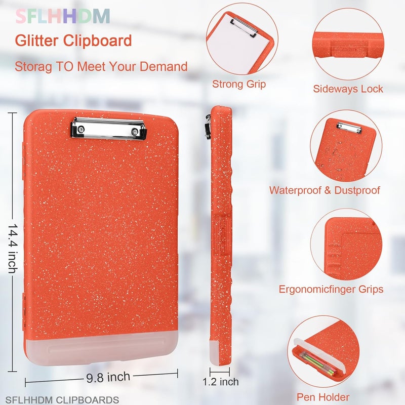 SFLHHDM Glitter Clipboard with Storage,Storage Clipboard with Pen Holder,A4 Binder Clip Boards 8.5x11 with Low Profile Clip,Side Opening Sparkle Clipboards, Clipboards Folder for Office Supplies-Orange - Image 2